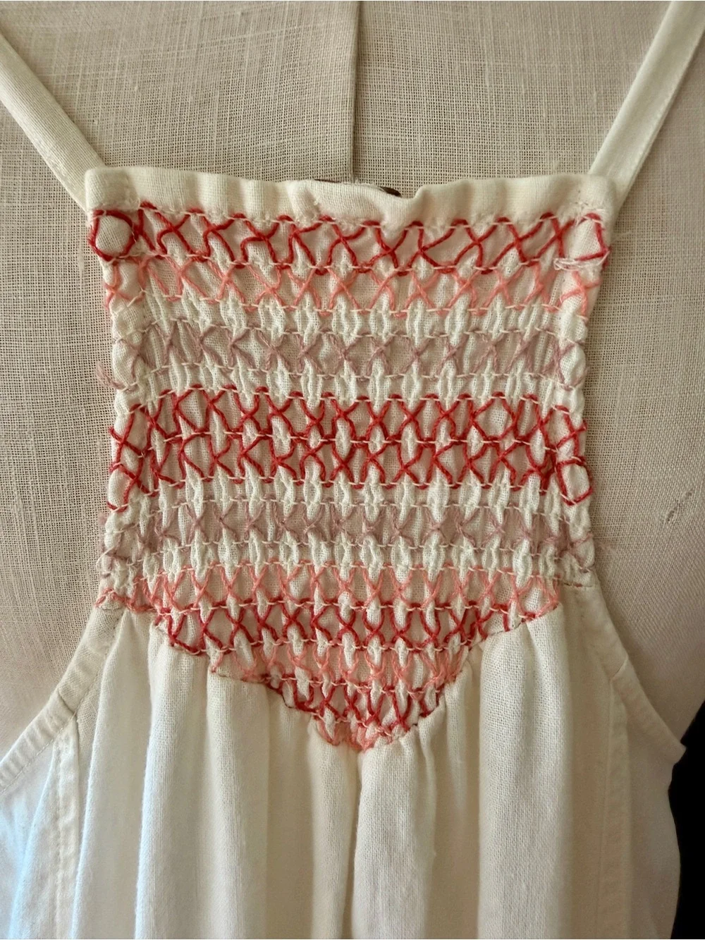 Free People Cream Smocked Tie-Strap Midi Dress with Pink Embroidery Size M